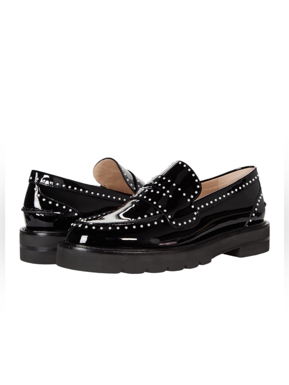 Stuart Weitzman Parker Lift Mini Pearl Loafer Black Patent Leather Women's 8.5